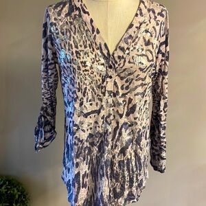 David Cline animal print V neck blouse / top pink purple metallic oversized Med